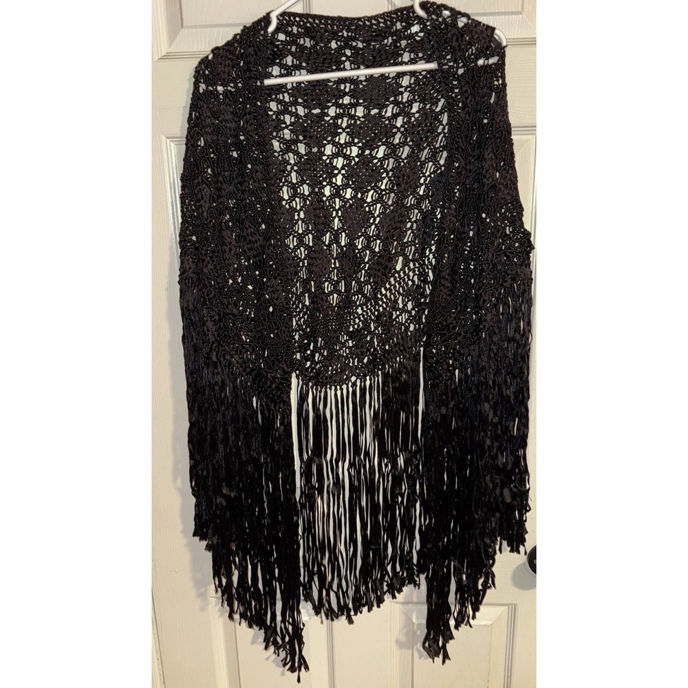 Black Macrame Crochet Basket weave Fringe Shawl , Wrap ,20s , Flapper